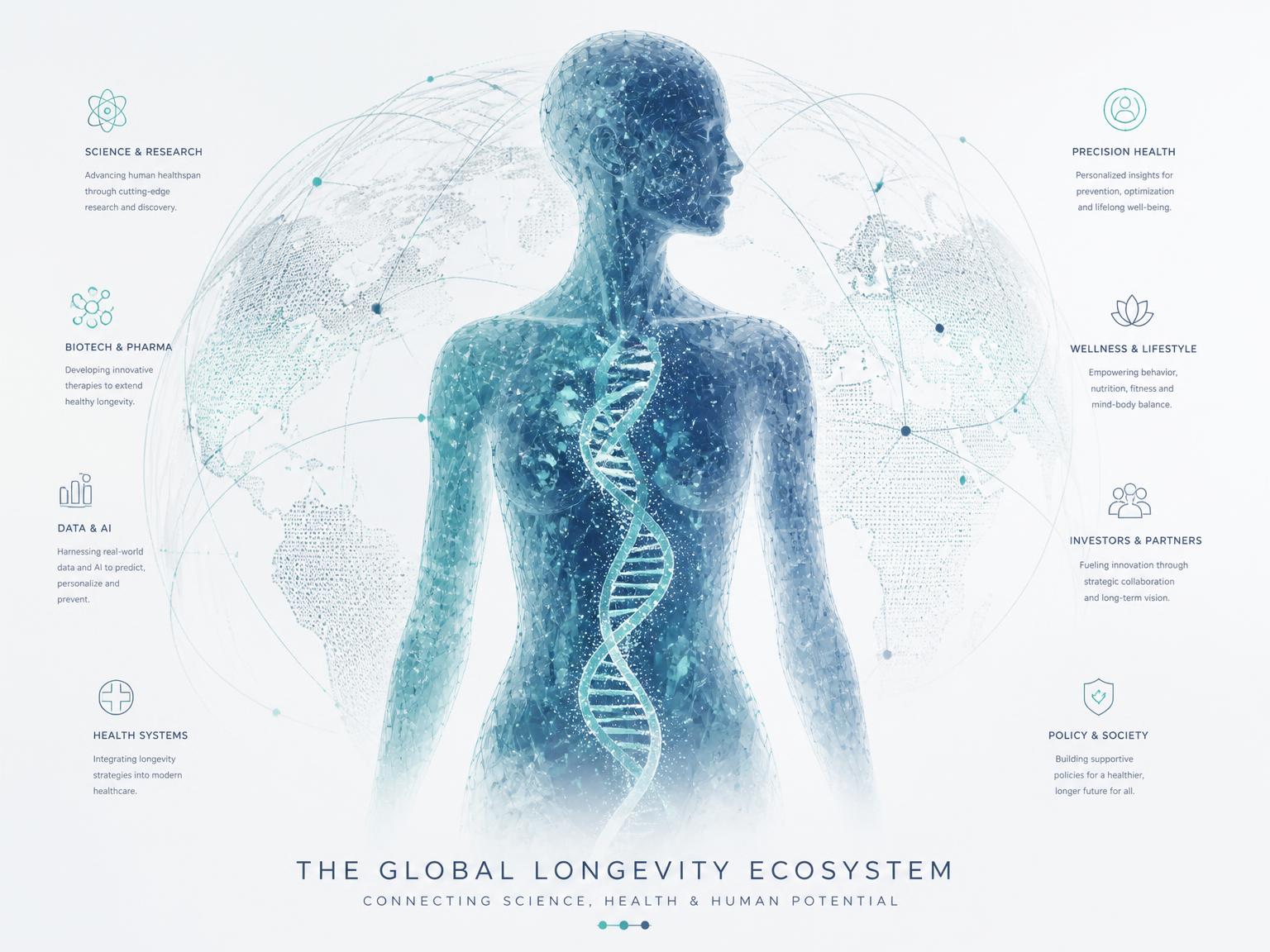 Illustration of the global longevity ecosystem connecting science, health, data and human potential